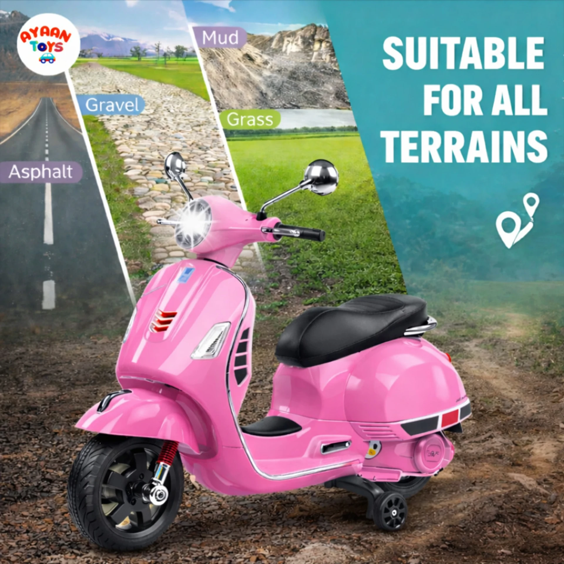 Kids Vespa runs on asphalt, gravel, grass and mud