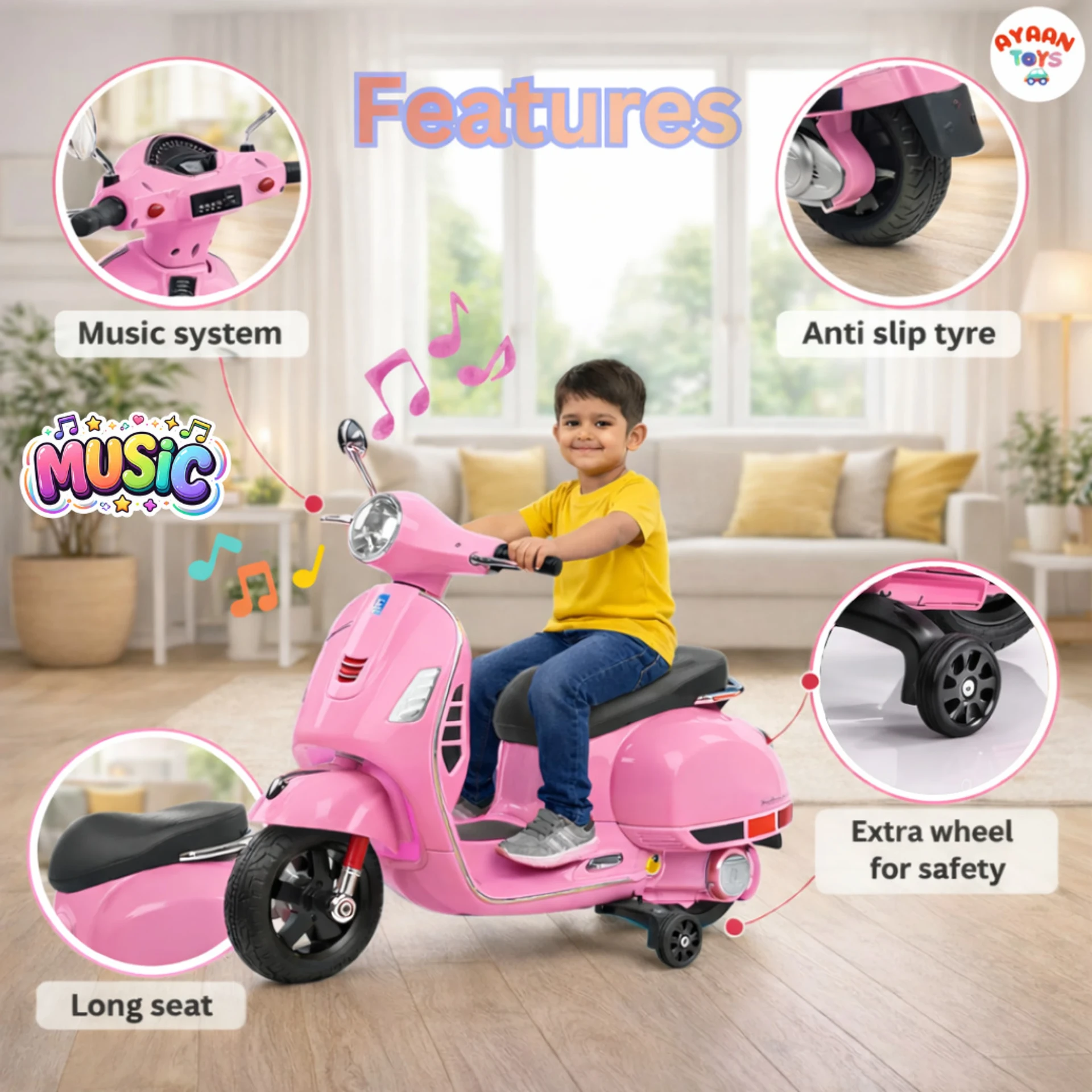 Kids Vespa features: music system, anti-slip tyre, long seat