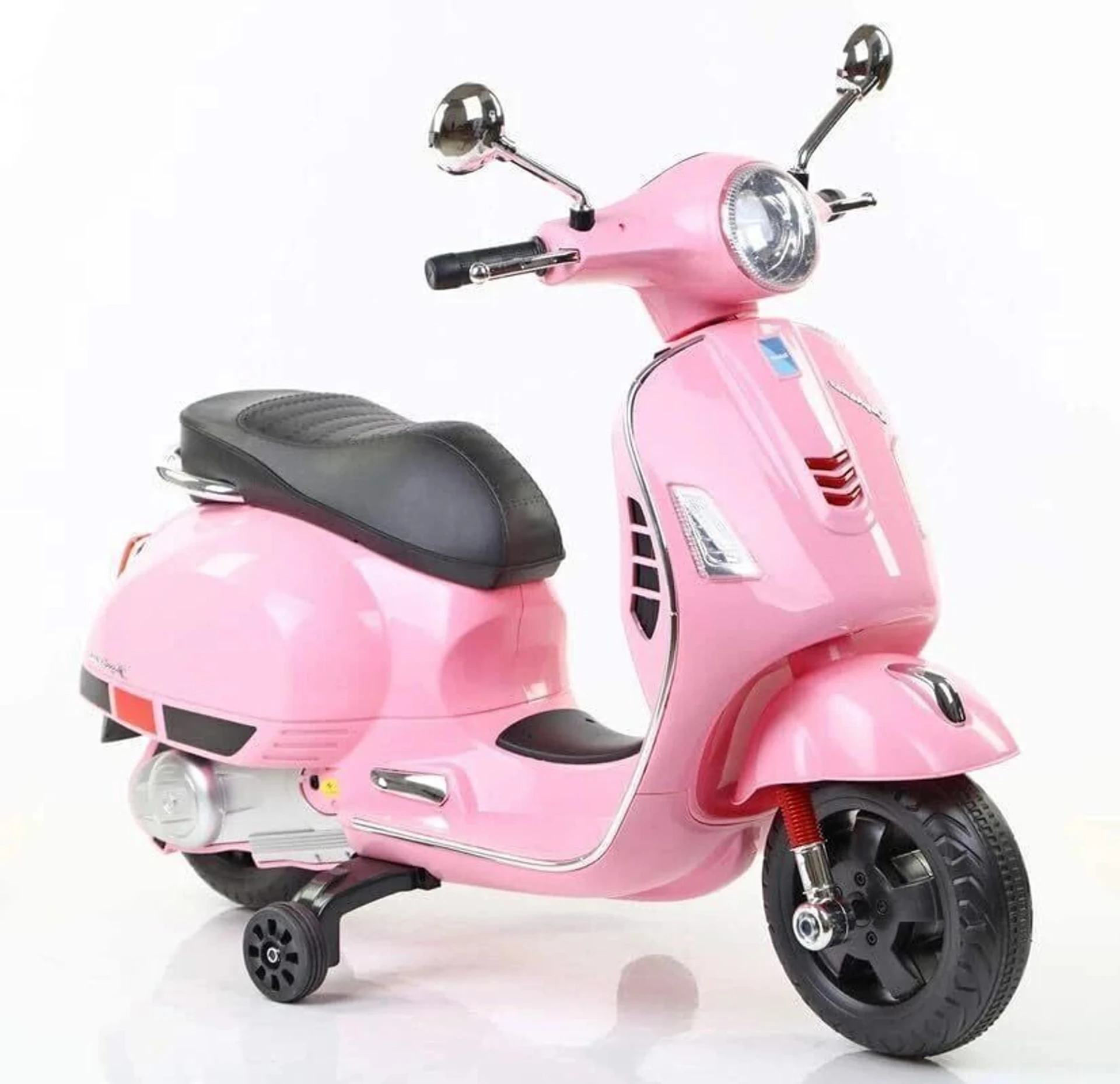 Pink kids ride-on Vespa scooter with safety wheels